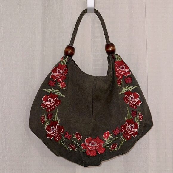 ASOS Forever New Camo Green Canvas Red Burgundy Pink Floral Embroidered Hobo Bag - Picture 1 of 12